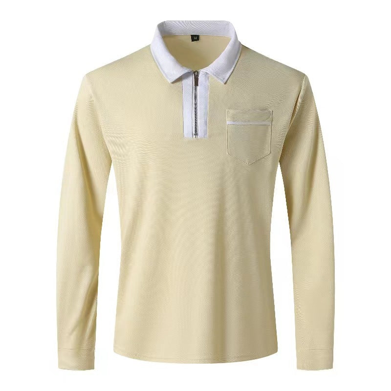 Men's elegant long-sleeve polo shirt with distinctive stand-up collar metal short zip and chest pocket StylebySassy
