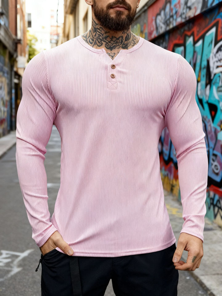 Men's ribbed long-sleeve Henley shirt with flat button placket and fitted stretch fit StylebySassy