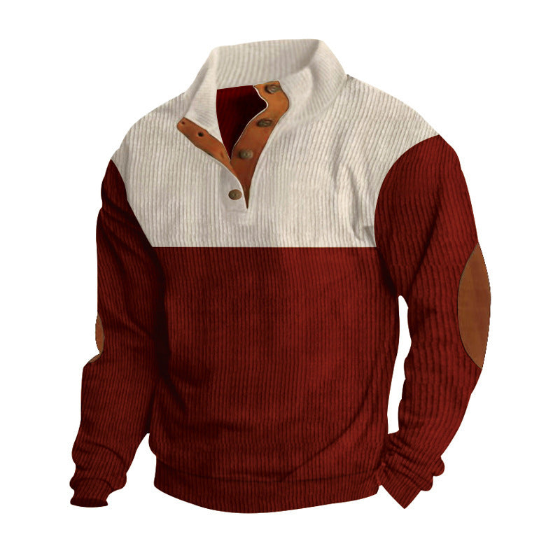 Men's ribbed knit sweater with standing collar, button placket, and leather elbow patches StylebySassy