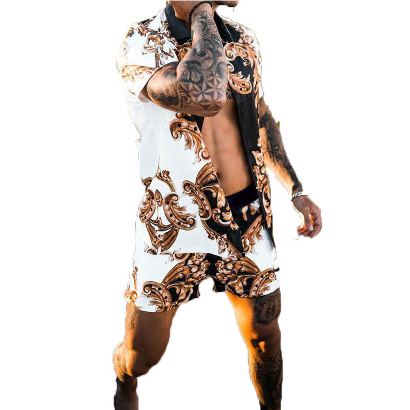 Men's short-sleeved shirt with baroque pattern and matching loose-fitting shorts StylebySassy