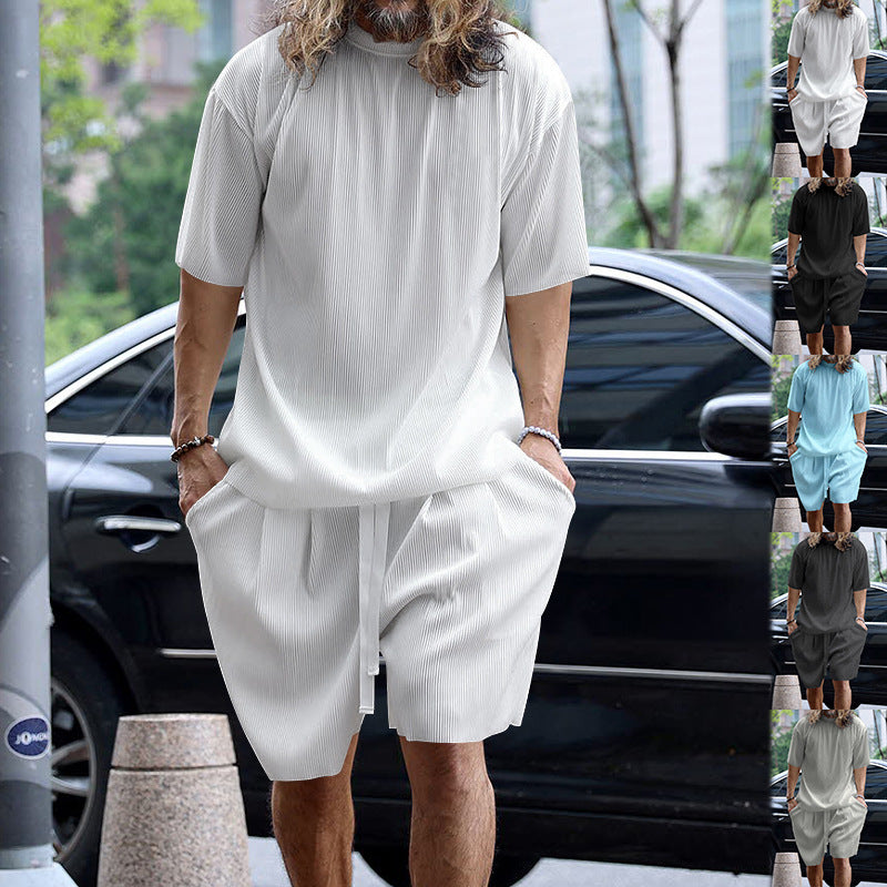 Men's modern ribbed leisure set with wide short-sleeve shirt and elastic drawstring pants StylebySassy