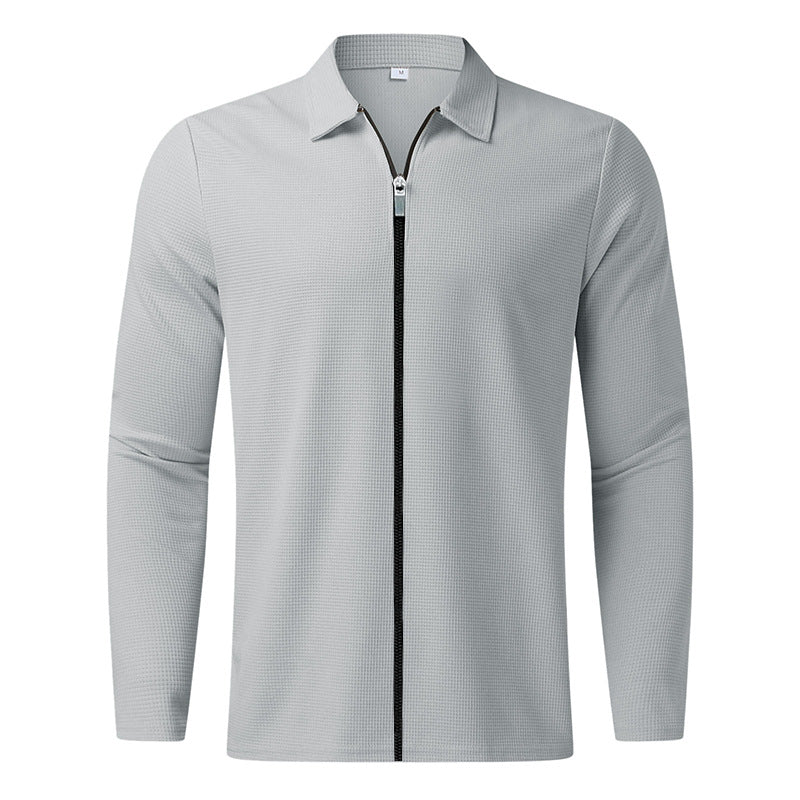 Men's structured long-sleeve polo in waffle knit with shirt collar and narrow shoulder section StylebySassy
