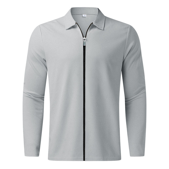Men's structured long-sleeve polo in waffle knit with shirt collar and narrow shoulder section StylebySassy