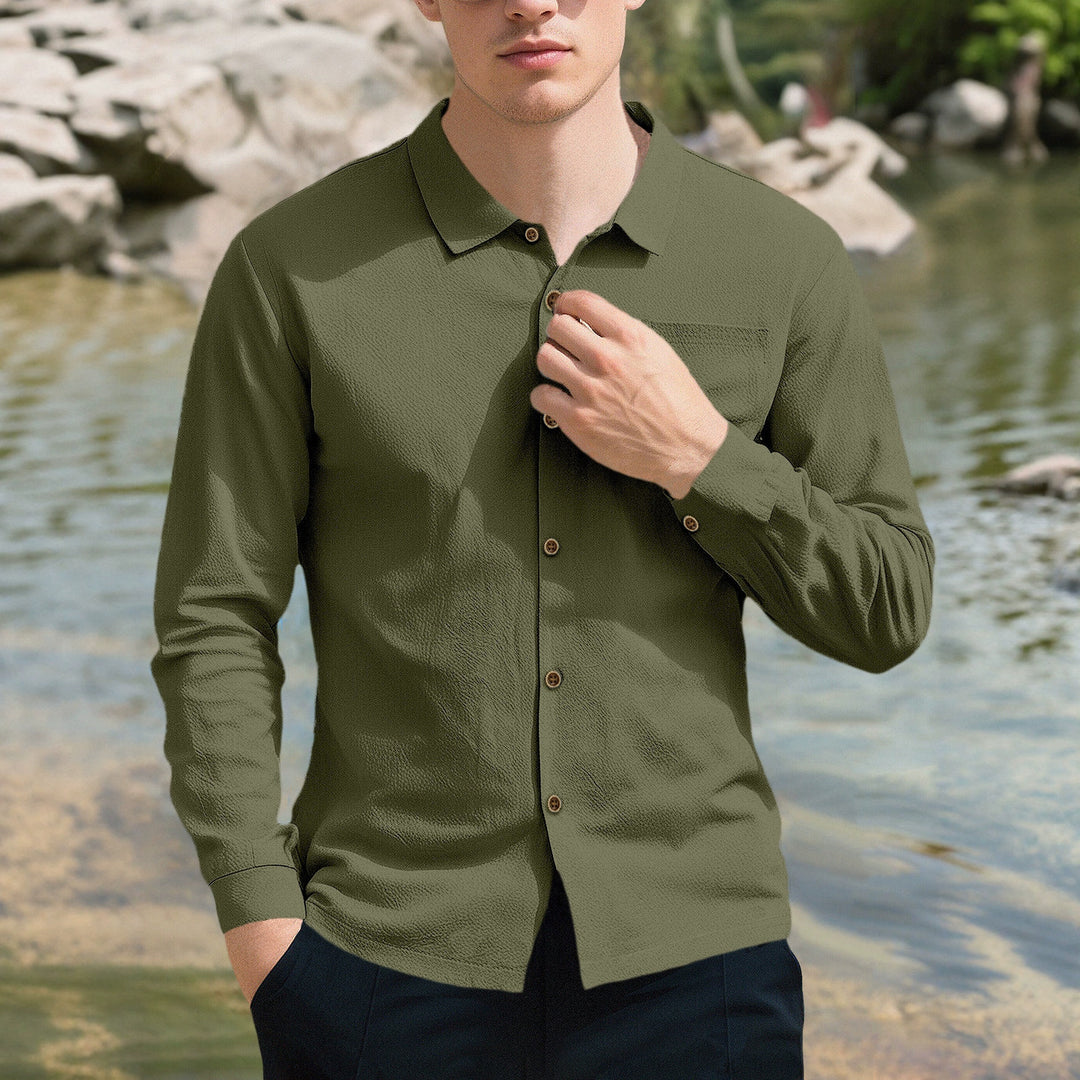Men's casual long-sleeve shirt with Kent collar, chest pocket, and sleeve strap StylebySassy