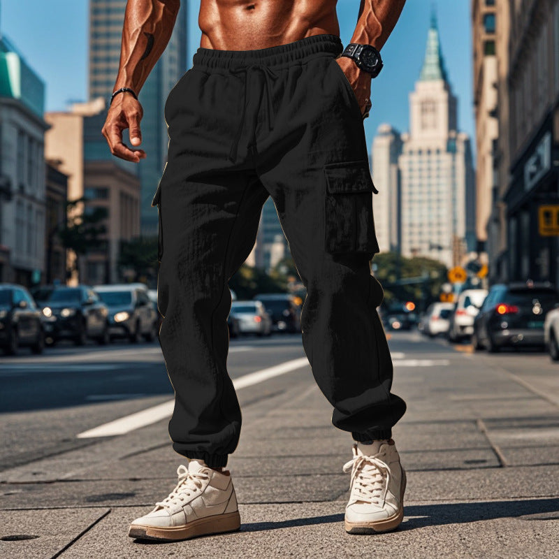 Men's sporty work-inspired joggers with patch flap pockets, elastic drawstring waistband, and gathered leg cuffs StylebySassy