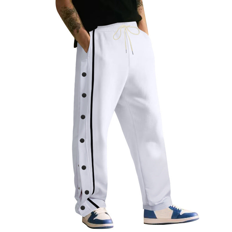 Men's wide training pants with side snap button placket, contrast stripes, elastic waistband, and straight leg StylebySassy