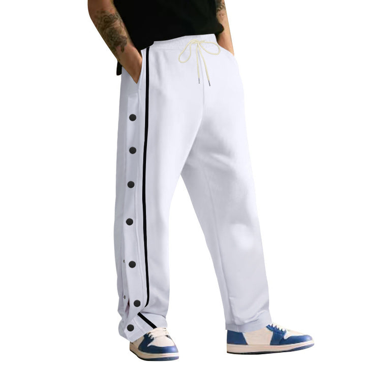 Men's wide training pants with side snap button placket, contrast stripes, elastic waistband, and straight leg StylebySassy
