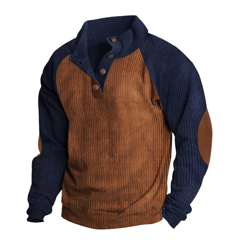Men's corduroy half-button pullover with high collar, raglan sleeves and elbow patches StylebySassy