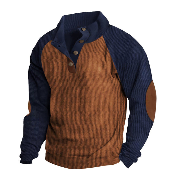 Men's corduroy half-button pullover with high collar, raglan sleeves and elbow patches StylebySassy