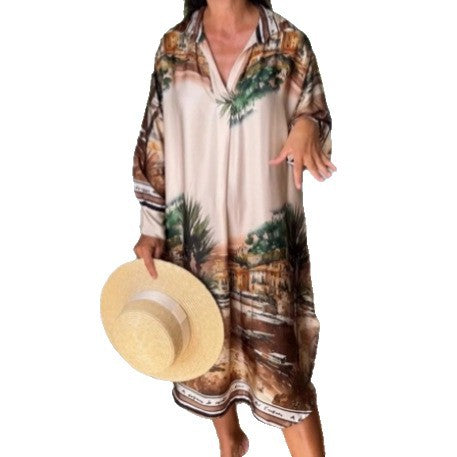 Women's blouse dress in silk look, kaftan style, with an illustrative coastal print StylebySassy