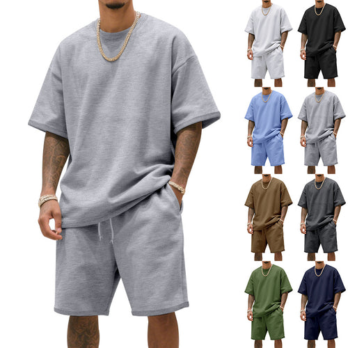 Men's relaxed jersey set with extended round neck t-shirt and elastic drawstring shorts StylebySassy