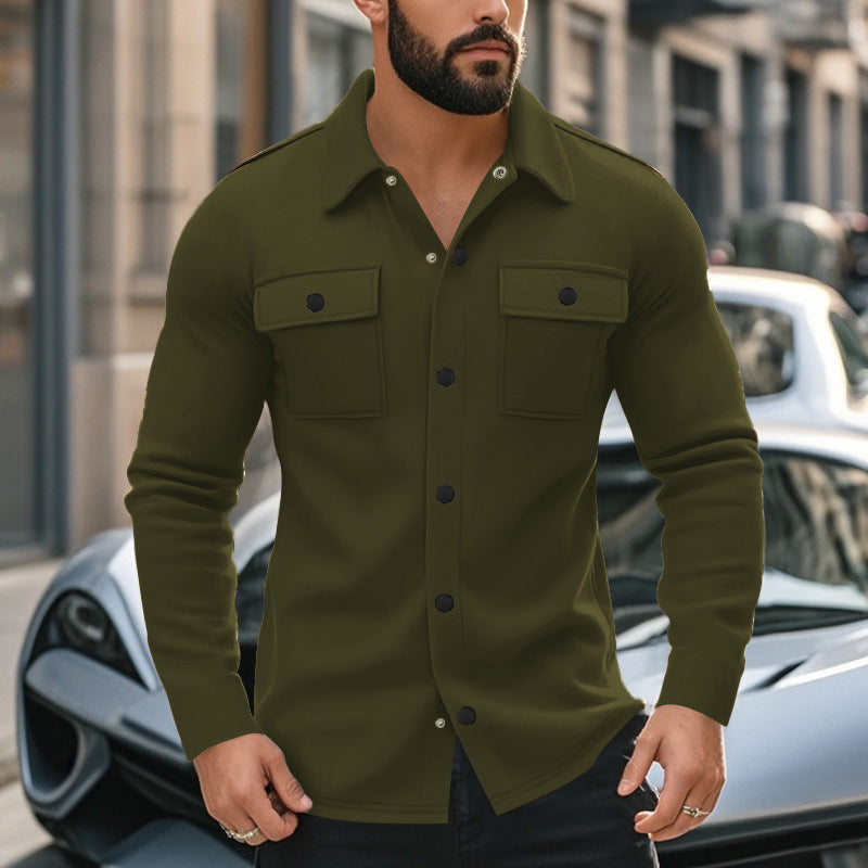 Men's wool blend overshirt jacket with flap pockets, concealed button placket, and shirt collar StylebySassy