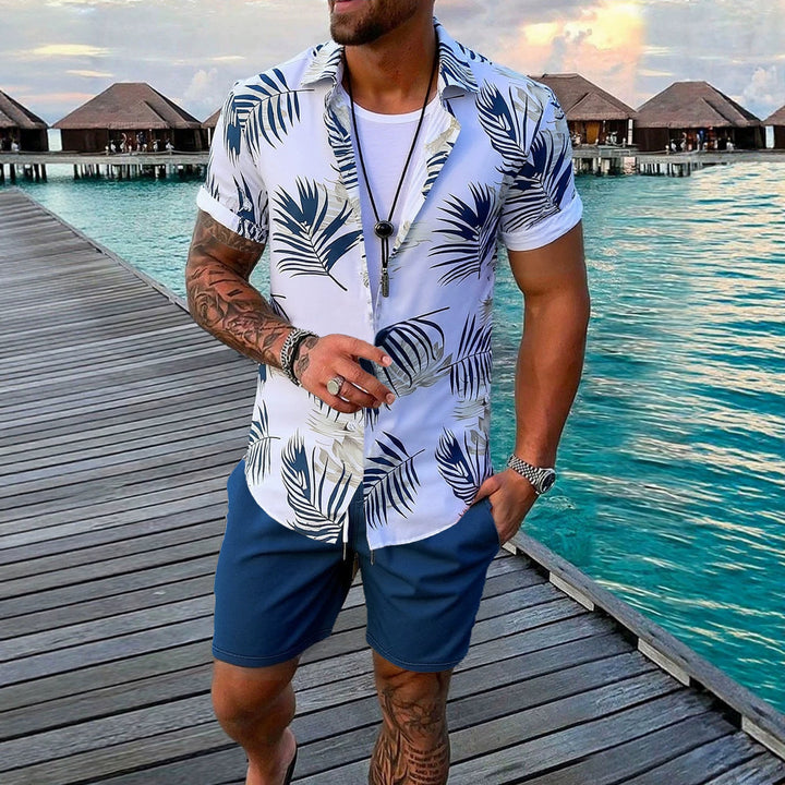Men's vacation set with short-sleeved lapel shirt in palm print and elastic drawstring bermuda StylebySassy