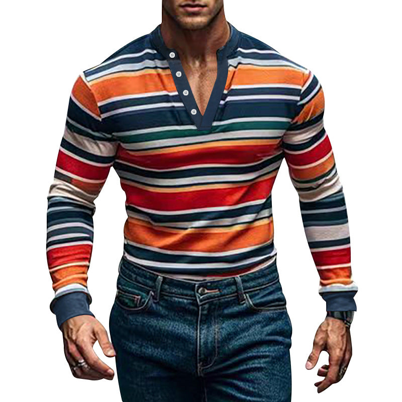 Men's striped long-sleeve Henley shirt with stand-up collar and button placket StylebySassy