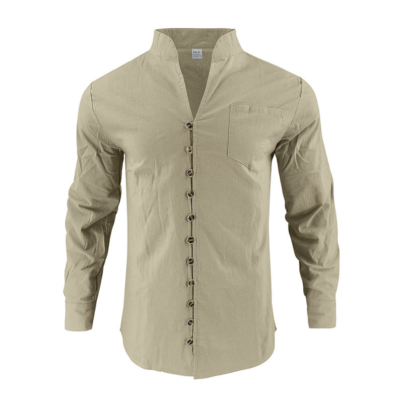 Men's lightweight linen shirt with stand-up collar, full button placket, and patch chest pocket StylebySassy