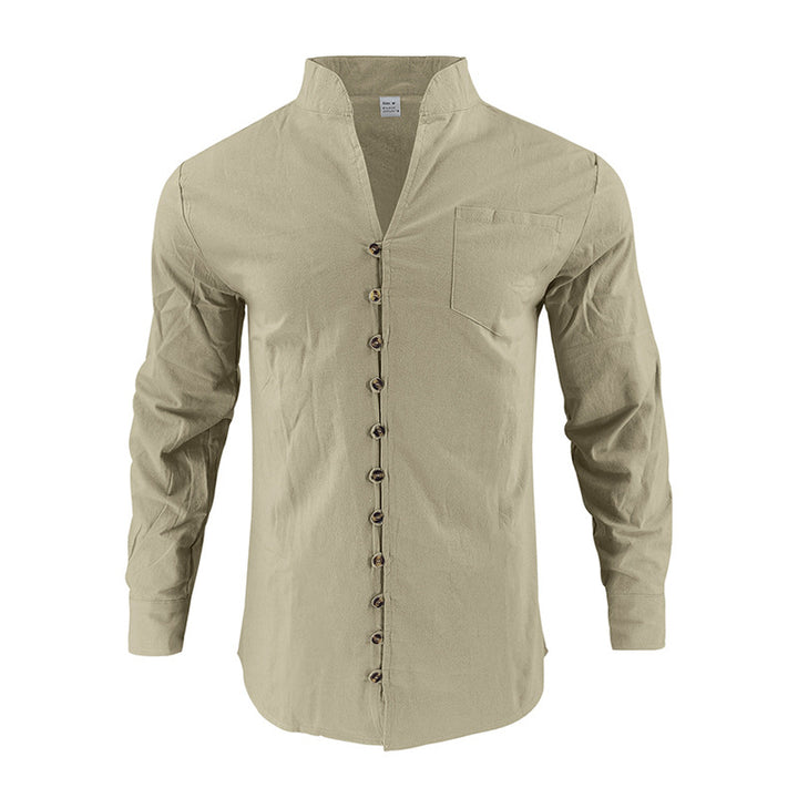 Men's lightweight linen shirt with stand-up collar, full button placket, and patch chest pocket StylebySassy
