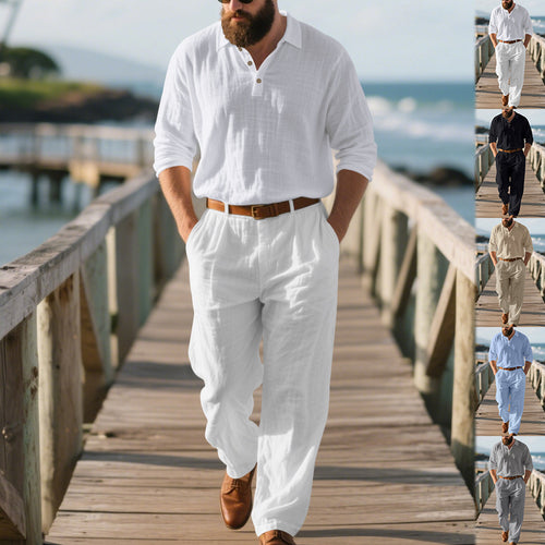 Men's airy linen two-piece set with V-neck shirt and loose pleated trousers StylebySassy