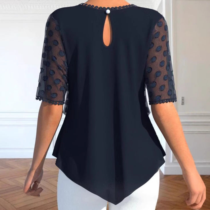 Women's elegant layered blouse with transparent tulle overlay, polka dot structure and asymmetrical pointed hem StylebySassy