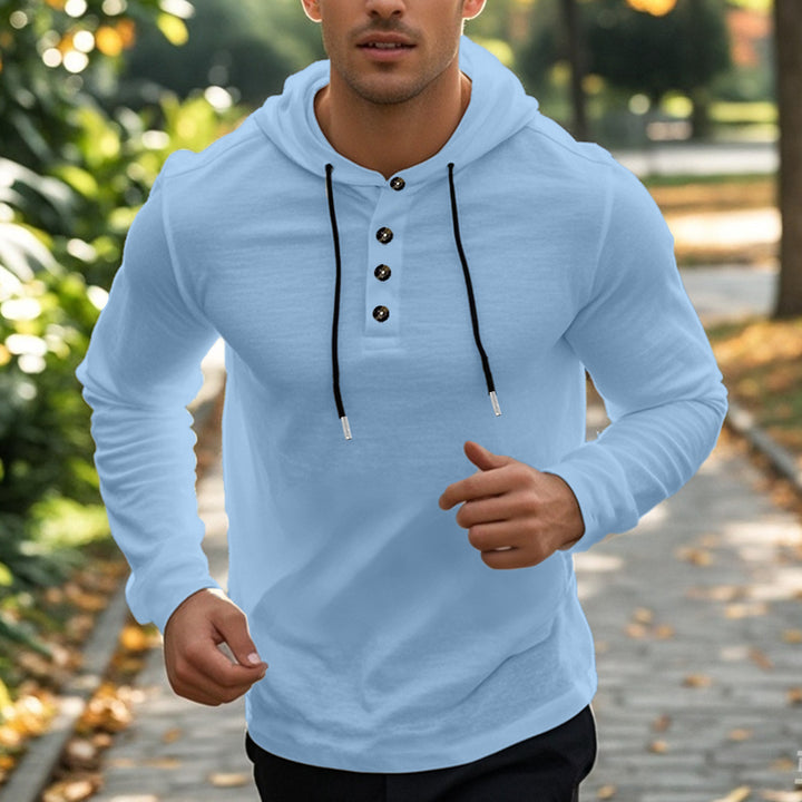 Men's casual hoodie in Henley style with button placket and adjustable drawstring StylebySassy