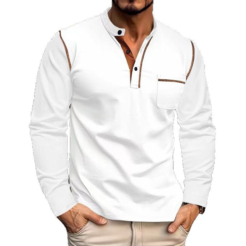 Men's long-sleeved jersey shirt with mandarin collar, short button placket, chest pocket, and contrasting decorative seam StylebySassy
