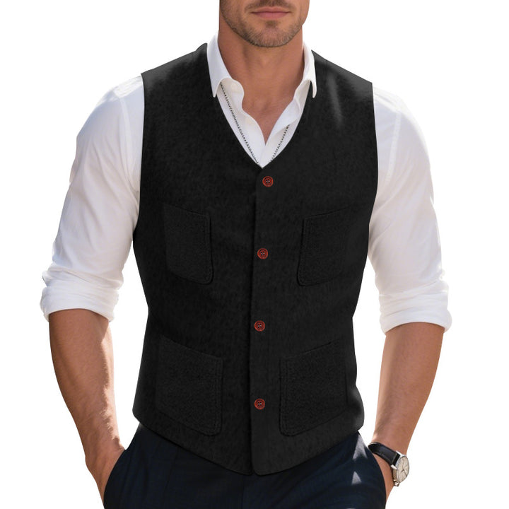 Men's wool blend vest with V-neck, patch pockets, and mesh lining StylebySassy
