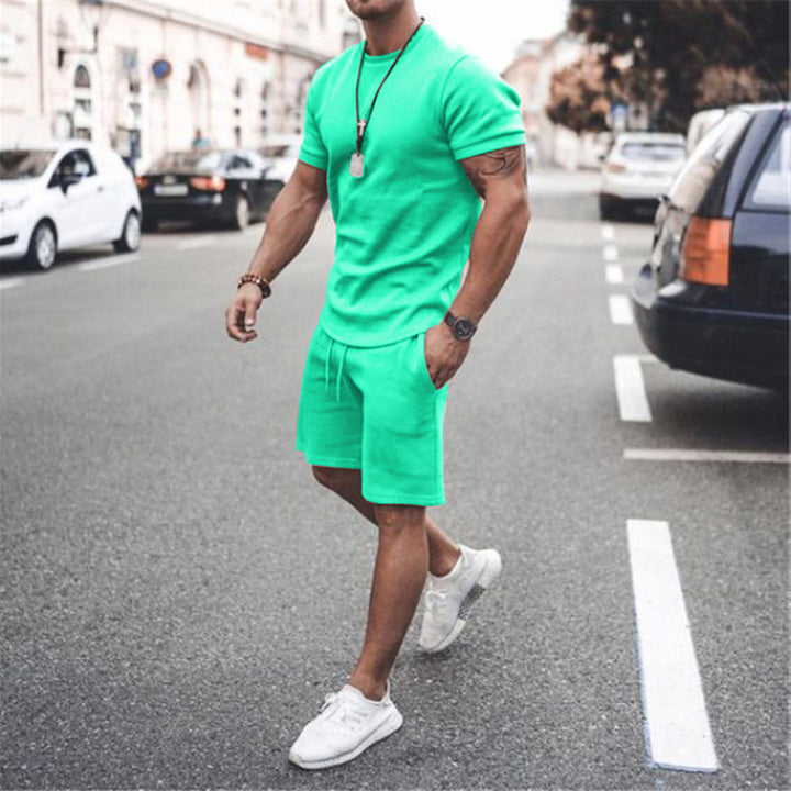 Men's fitted short sleeve shirt with reinforced shoulder seam and elastic drawstring bermuda made of stretch jersey StylebySassy