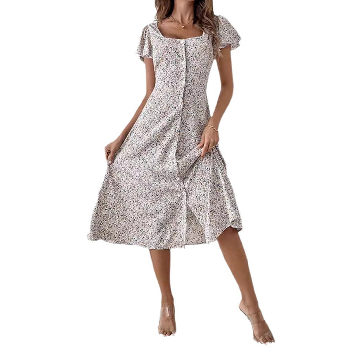 Women's fitted midi dress with square neckline, concealed button placket, and flowing A-line skirt StylebySassy