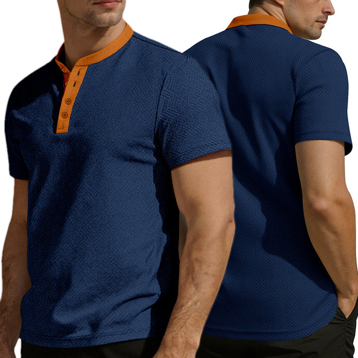 Men's slim short sleeve Henley polo shirt with Mandarin collar and fine jacquard texture StylebySassy