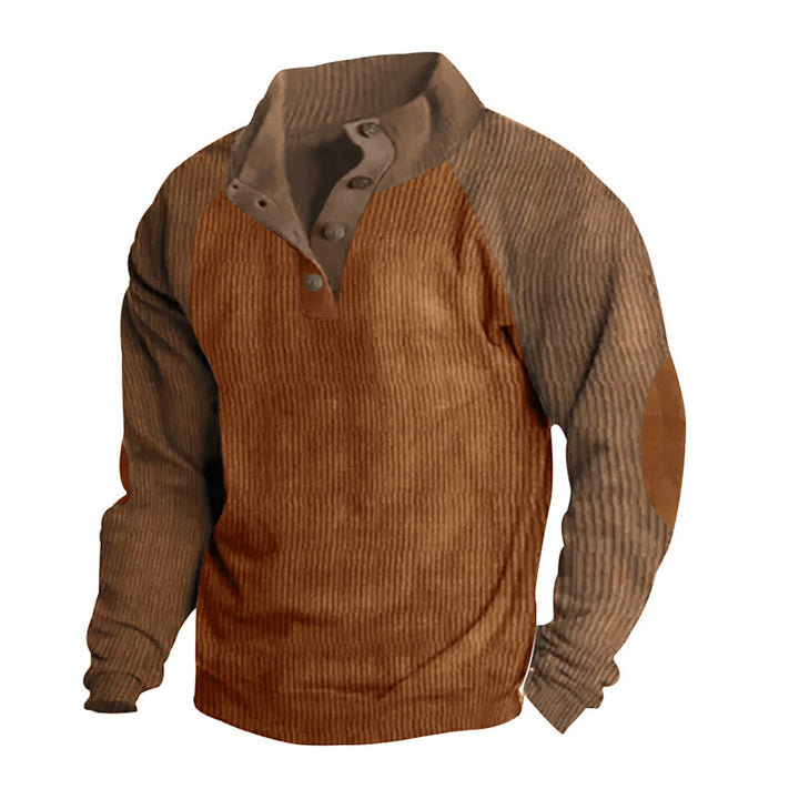 Men's corduroy half-button pullover with high collar, raglan sleeves and elbow patches StylebySassy