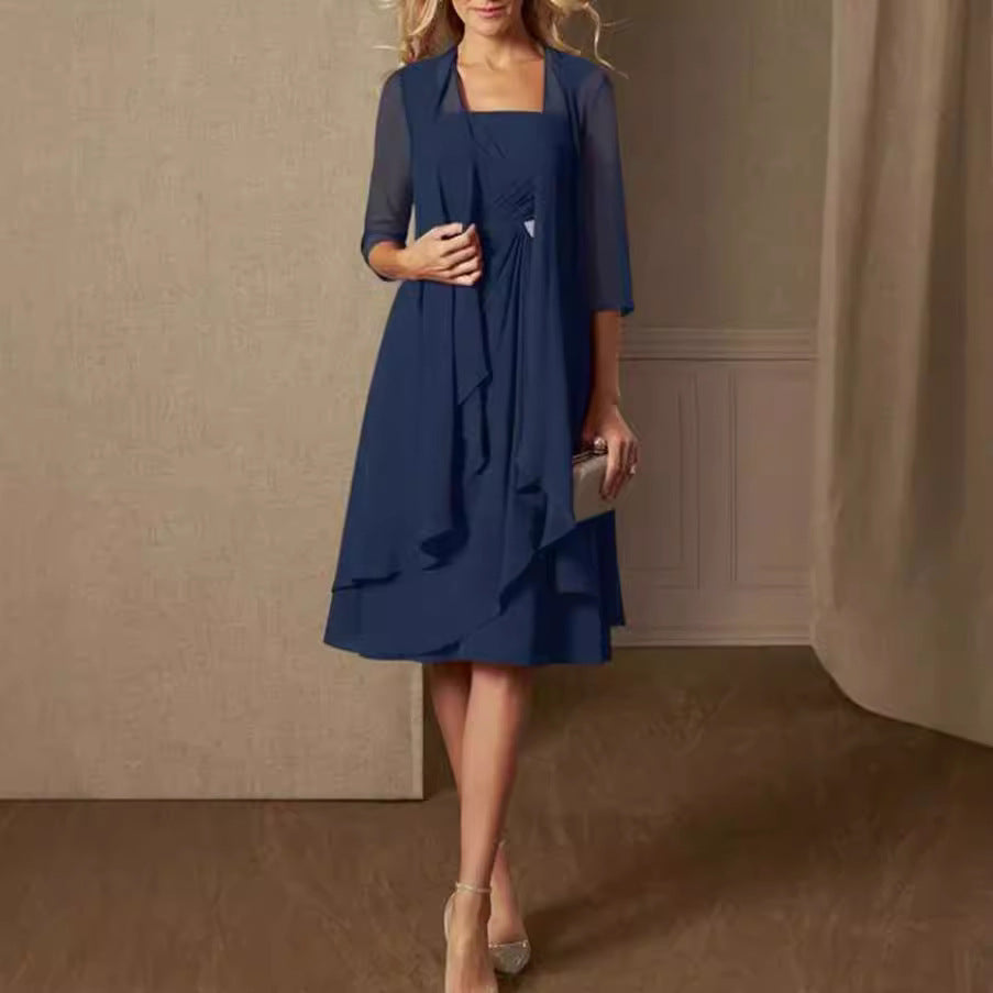 Women's Chiffon Evening Dress with Bolero and Asymmetrical Layered Skirt StylebySassy
