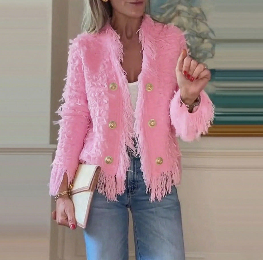 Women's short jacket with structured surface and decorative button row StylebySassy