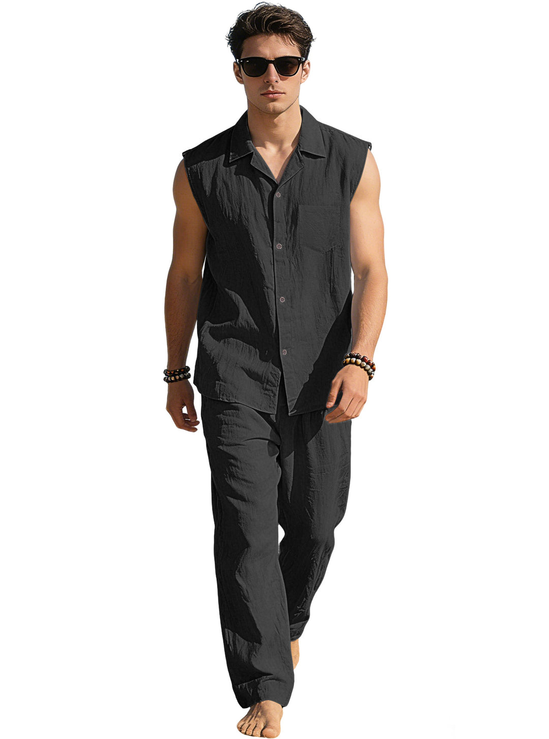 Men's sleeveless linen leisure set with lapel collar, chest pocket, and straight pants StylebySassy