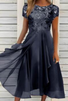 Women's flowing chiffon mid dress with floral embroidered top and asymmetrical tiered skirt StylebySassy