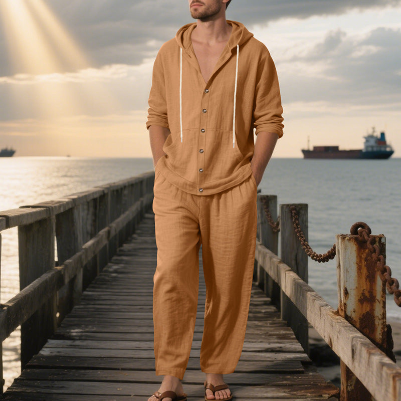 Men's casual linen-cotton ensemble with hooded top and full button placket, kangaroo pocket, and ankle-length wide trousers StylebySassy