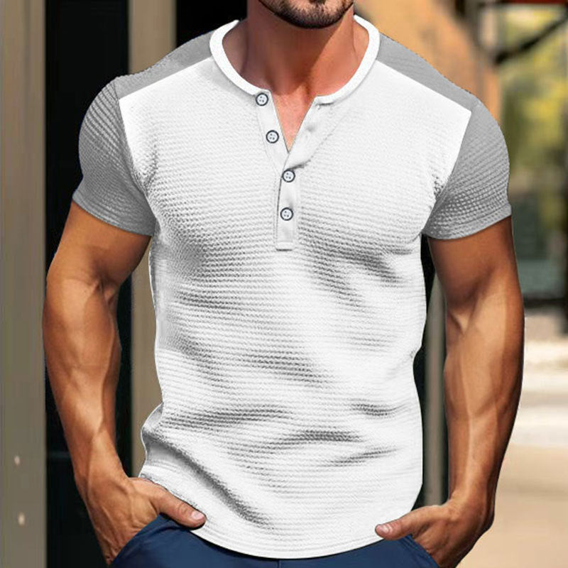 Men's short-sleeved Henley shirt with mid-length button placket and raglan sleeves StylebySassy