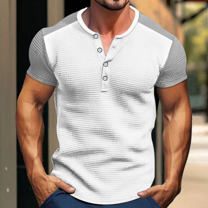 Men's short-sleeved Henley shirt with mid-length button placket and raglan sleeves StylebySassy