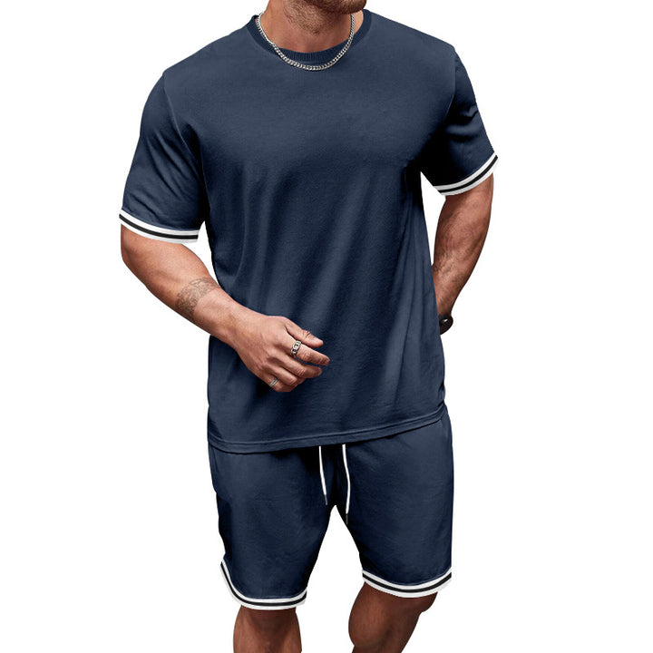 Men's casual jersey set consisting of short-sleeve shirt and bermuda shorts with contrasting stripes, elastic waistband, and insert pockets StylebySassy
