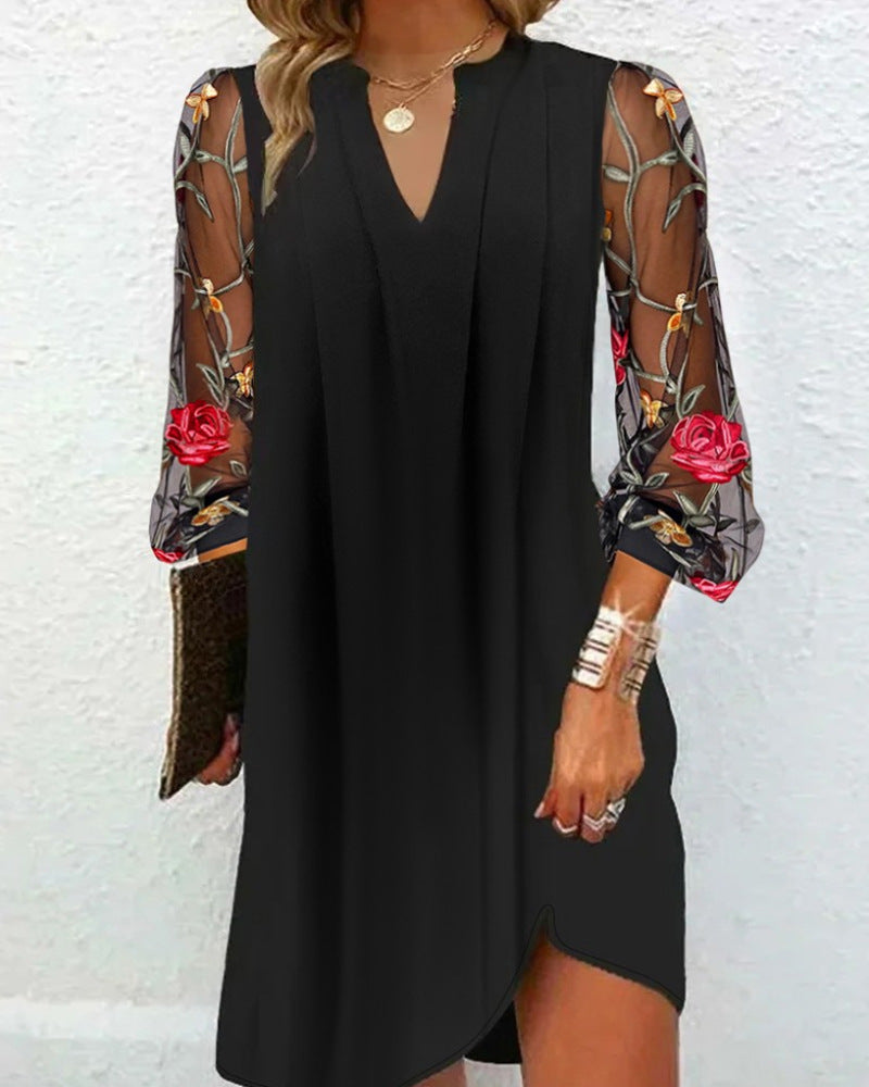 Women's airy A-line dress with V-neck and embroidered transparent mesh sleeves StylebySassy