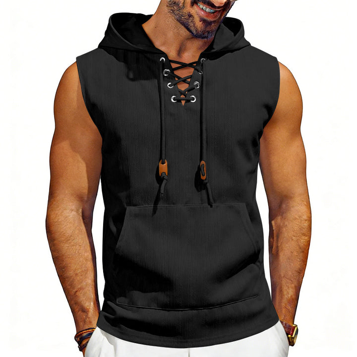 Men's sleeveless hooded vest with lace-up V-neck, kangaroo pocket, and casual fit StylebySassy