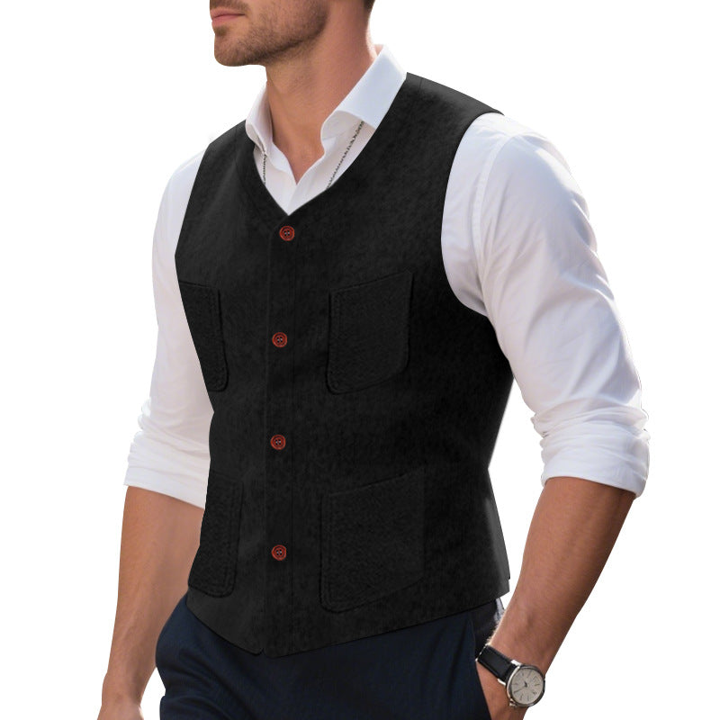 Men's wool blend vest with V-neck, patch pockets, and mesh lining StylebySassy