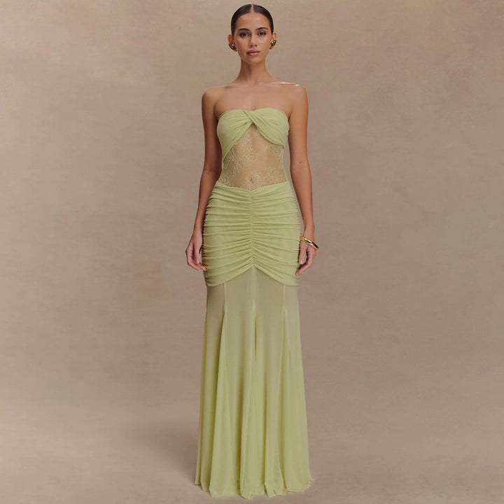 Women's Strapless Maxi Dress with Refined Draping and Lace Mix StylebySassy