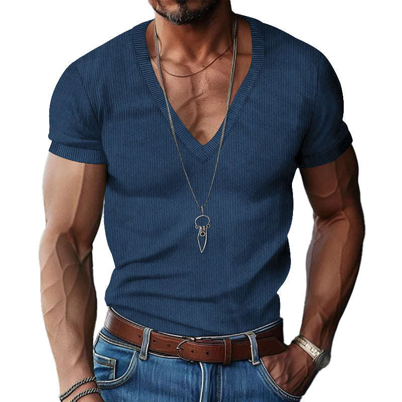 Men's structured V-neck ribbed jersey shirt with short sleeves and a slim fit StylebySassy