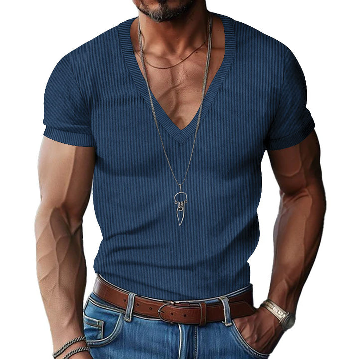 Men's structured V-neck ribbed jersey shirt with short sleeves and a slim fit StylebySassy