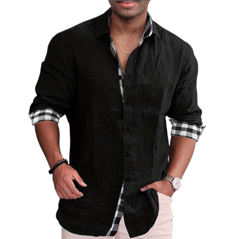 Men's linen mix casual shirt with contrasting check cuffs and a patch breast pocket StylebySassy