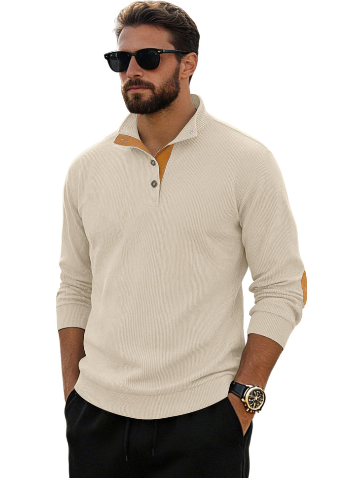 Men's fine ribbed knitted pullover with polo collar button placket and elbow patch StylebySassy