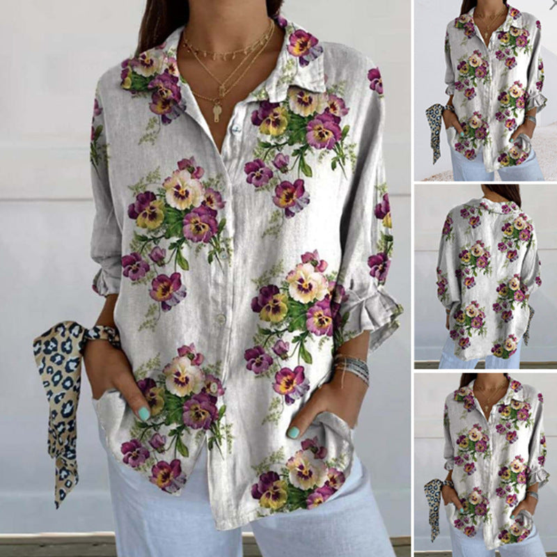 Women's lightweight linen-look shirt blouse with floral pattern, loose fit, roll-up sleeves, and patch pockets StylebySassy