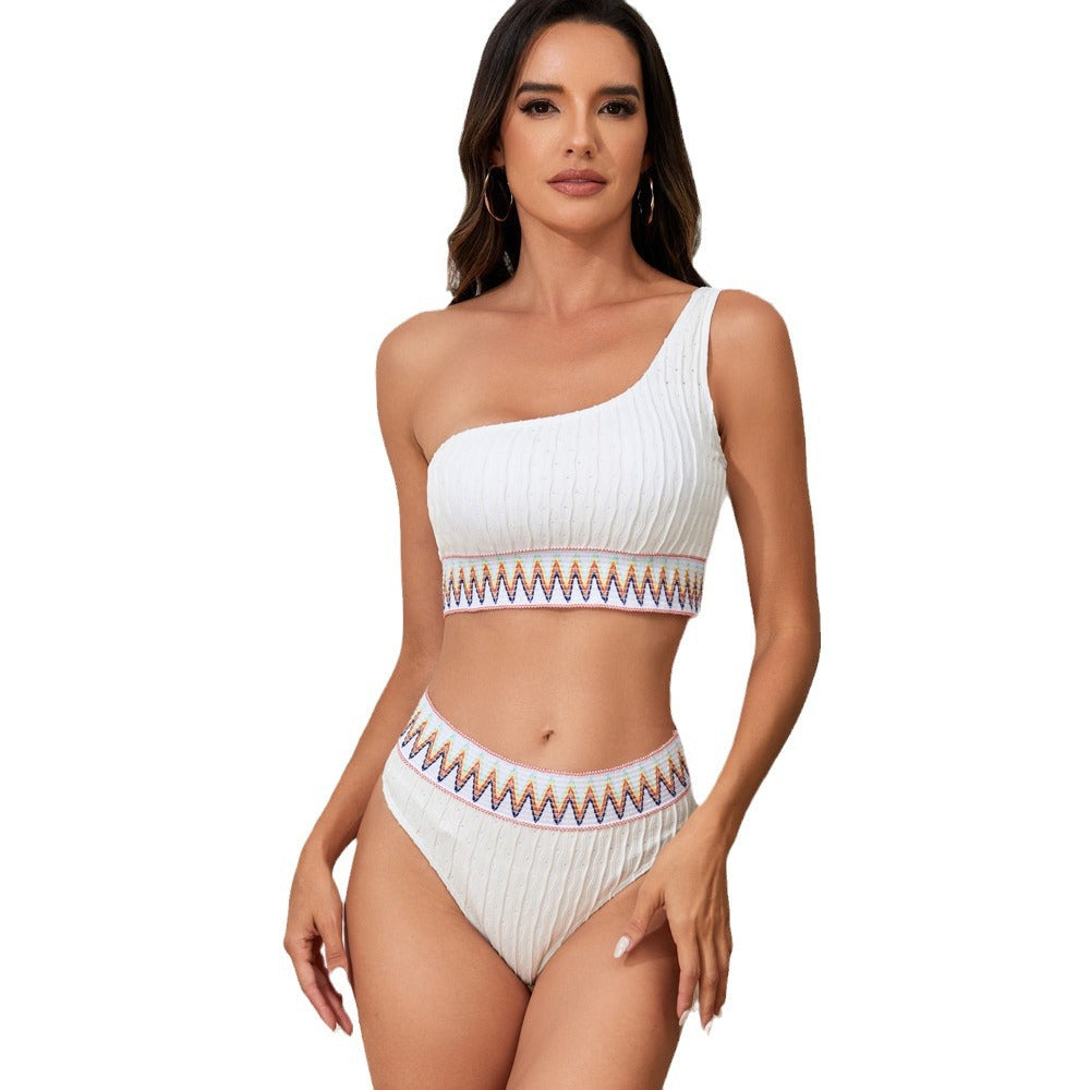 Women One-Sided Crop Bikini with Colorful Jacquard Ribbon StylebySassy