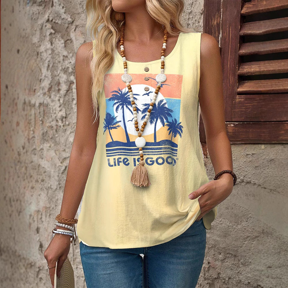Women's sleeveless summer top with palm motif, decorative button placket and loose fit StylebySassy