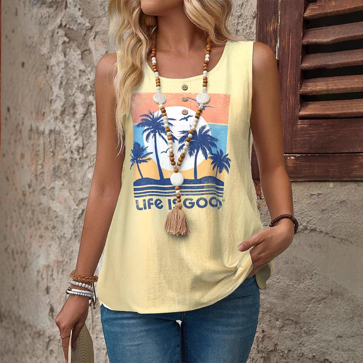 Women's sleeveless summer top with palm motif, decorative button placket and loose fit StylebySassy