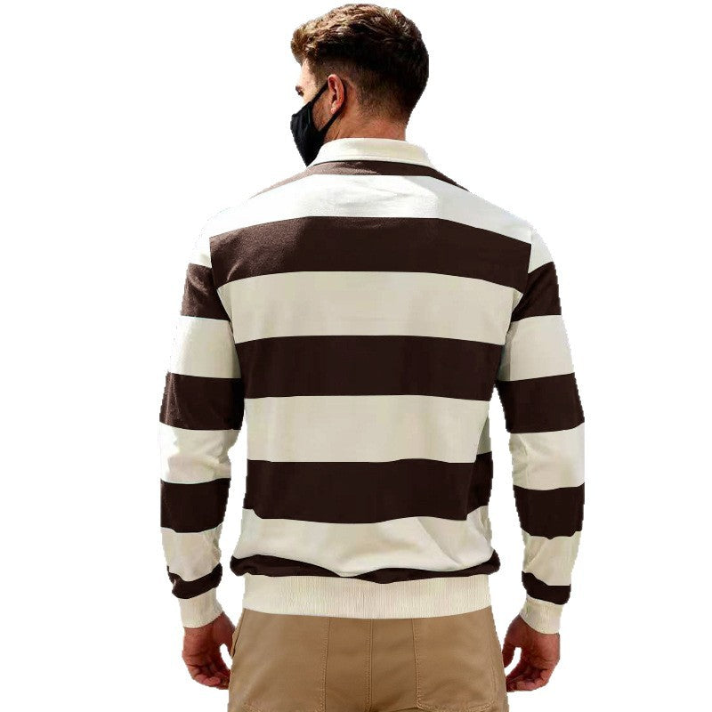 Men's striped rugby polo shirt made of cotton blend with short button placket and ribbed cuffs StylebySassy